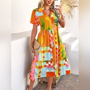 NWT -Viscose- Johnny Collar Tangerine Tropical Patchwork Midi Shiirtdress-Size M